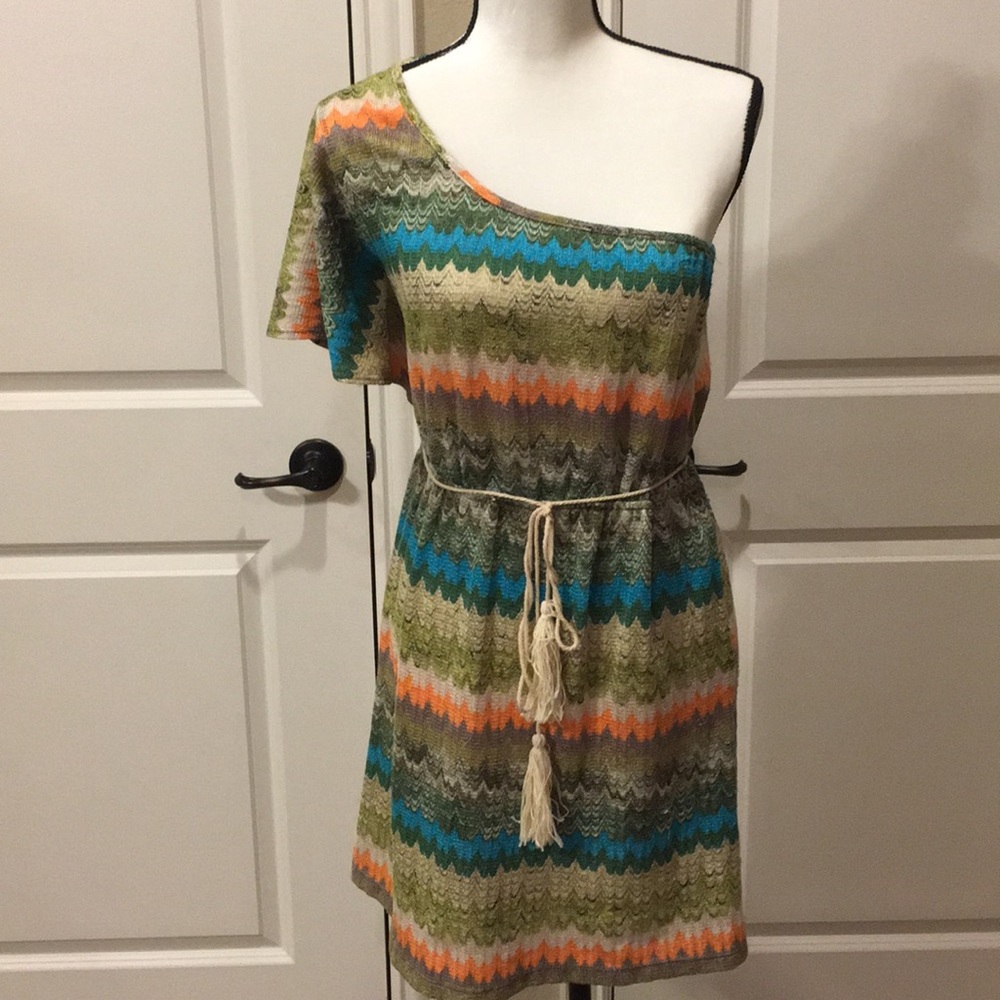 5TH CULTURE- One shoulder multi color mini dress with rope belt